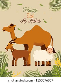 happy eid al adha greeting with camel goat and sheep vector illustration