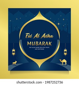 Feliz Eid al adha saludando un post en los medios sociales de color oro y azul. Ilustración vectorial fondo islámico con hermoso diseño de mezquita