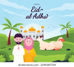 Feliz tarjeta de bienvenida de eid al adha con una pareja frente a una mezquita