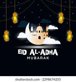 happy eid al adha, greeting card or social media post with decorated crescent moon, mosque and lantern on night background