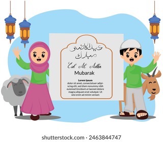 tarjeta de felicitación de eid al adha con ilustraciones de niños musulmanes y cabras y ovejas de sacrificio