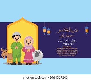 happy eid al adha greeting card with illustrations of cute muslims kids and animal goats and sheep sacrificial