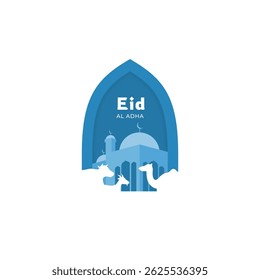 Happy Eid Al Adha Greeting Design with Silhouette of Mosque, Goat, Cow, and Camel