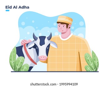 Happy Eid Al Adha illustration with Muslim person and sacrificial animals. sacrificial feastival eid al adha with islam people and cow animal. can be used for greeting card, banner, poster, web,