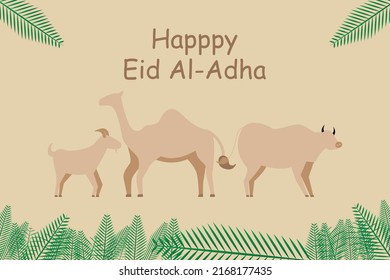 Hommeid-al-Adha-Illustration mit Ziegen, Kuh und Kamel