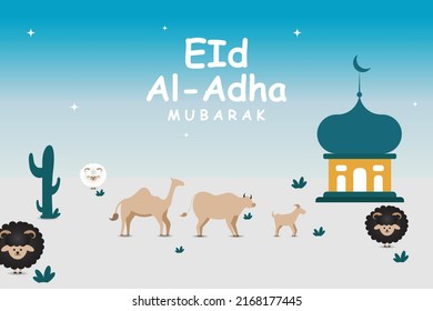 happy eid al Adha illustration with camel, goats, cows and sheeps