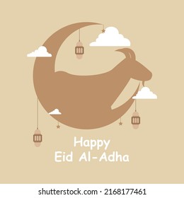 happy eid al Adha illustration with goat, moon and lanterns