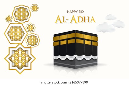 Feliz eid al adha, diseño de kaaba con ornamento islámico sobre fondo blanco