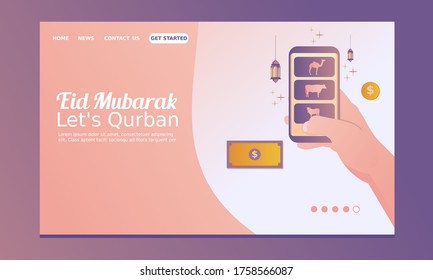Happy Eid Al Adha Landing Page hand holding smartphone about to choose the sacrificial animal