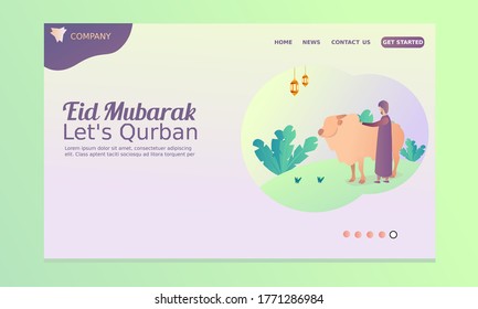 Happy Eid Al Adha Landing Page with mosque, man and cow