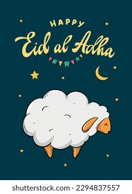 Happy Eid al Adha lettering quote decorated with hand drawn sheep for greeting cards, posters, prints, invitations, etc. EPS 10