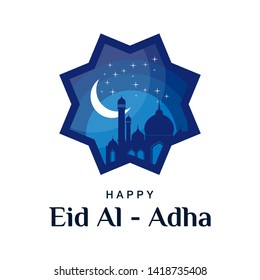 Happy Eid Al Adha with mosque, cloud,stars, and moon