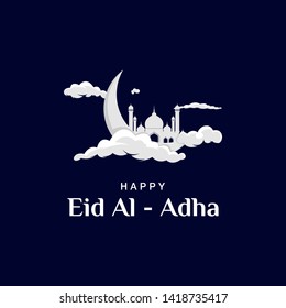 Happy Eid Al Adha with mosque, cloud,stars, and moon