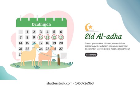 happy eid al adha mubarak greeting concept with goat and sheep character. animal sacrifice for qurban with islamic  calender. web landing page template, banner, presentation, social, and print media.