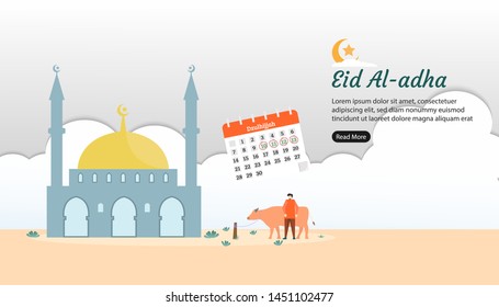 happy eid al adha mubarak greeting concept with tiny man and cow character. animal sacrifice for qurban with mosque building. web landing page template, banner, presentation, social, and print media