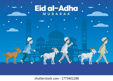 Happy Eid al Adha Mubarak illustration, ramadan mubarak greeting concept with people character for template, banner, presentation, islamic eid fitr or adha flat design vector illustration. goat vector