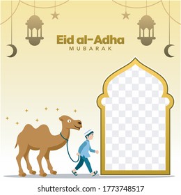 Happy Eid al Adha Mubarak illustration, ramadan mubarak greeting concept with people character for template. camel people illustration, camel illustrations