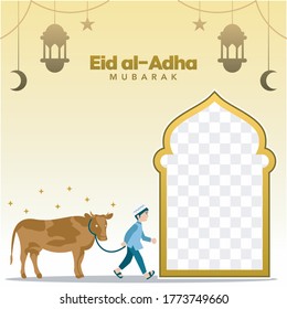 Ilustración de Happy Eid al Adha Mubarak, concepto de saludo de ramadan mubarak con personaje de persona para plantilla. ilustración de vaca, vector de vaca
