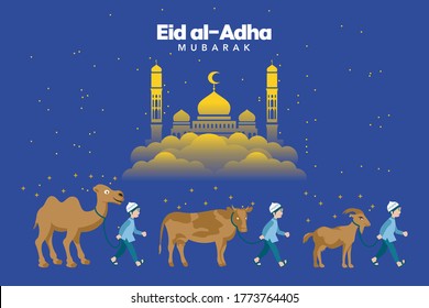 Happy Eid al Adha Mubarak illustration, ramadan mubarak greeting concept with people character for template, blue mosque background with people animals cow goat, camel illustration