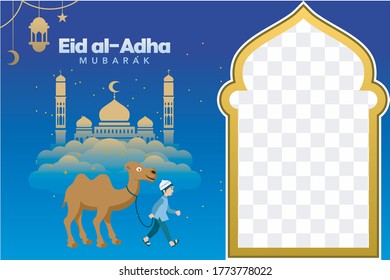 Happy Eid al Adha Mubarak Illustration, Moschee Vektorkonzept mit Menschen KamelVektorgrafik