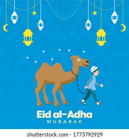 Happy Eid al Adha Mubarak illustration, mosque vector concept with people camel vector illustration