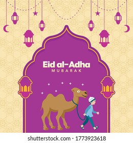 Happy Eid al Adha Mubarak illustration, ramadan vector concept with people camel vector illustration
