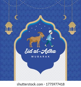 Happy Eid al Adha Mubarak illustration, ramadan vector concept with people goat vector illustration, camel background, muslim card