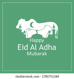 Happy eid al adha mubarak which have sheep and goat silhouette above mosque.