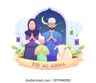 Happy Eid Al Adha Mubarak greeting with a Muslim family. Flat vector illustration