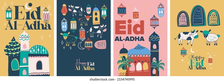 Happy Eid Al Adha Mubarak. Sacrifice holiday greeting card and poster. Geometric vector illustration