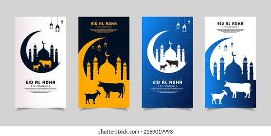 Happy Eid al adha mubarak design template Stories Collection. Islamic background with lantern, mosque, and goat. 