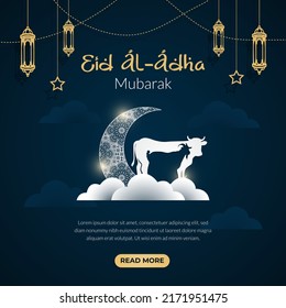 Happy Eid Al Adha Mubarak celebration banner with moon and cow goat paper cut effect on blue night color background. Eid Al Adha Mubarak Muslim celebration day