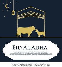 Happy Eid Al Adha Mubarak celebration banner with cow and goat background. Eid Al Adha Mubarak Muslim celebration day