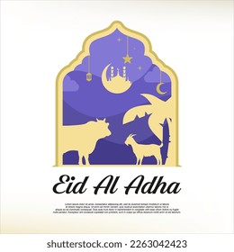 Frohes Eid Al Adha Mubarak Fest Banner mit Kuh-und Ziegenhintergrund. Eid Al Adha Mubarak-Feiertag