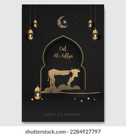 Happy Eid Al Adha Mubarak celebration banner with cow and goat paper cut effect flyer design