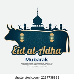 Happy eid al adha mubarak vector illustration with islamic ornament mosque, animals and lantern