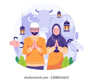 Happy Eid Al Adha Mubarak Greeting. A Muslim Couple celebrates Eid Al Adha with a Cow, Goat, and Sheep. Vector Illustration