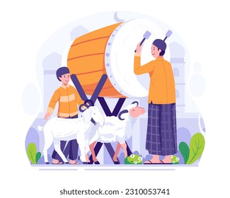 Fröhlicher Eid Al Adha Mubarak Gruß. Muslime, die einen Bedug oder Trommelschlag treffen, um Eid Al Adha zu feiern. Vektorgrafik