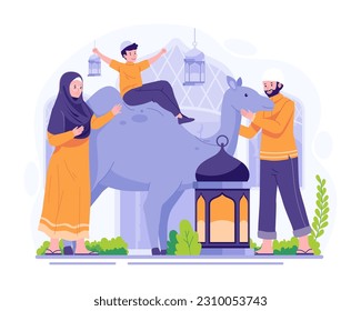 Happy Eid Al Adha Mubarak Greeting. A Muslim Family celebrates Eid Al Adha with a Camel. Vector Illustration