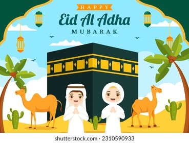 Happy Eid Al Adha Mubarak Vektor Illustration von Kindern Muslimen Feiern mit opferlichen Tieren Ziege und Kuh in Cartoon handgezeichnete Vorlagen
