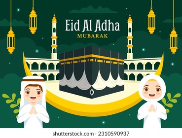 Happy Eid Al Adha Mubarak Vector Illustration of Kids Muslims Celebration with Sacrificial Animals Goat and Cow in Cartoon Hand Drawn Templates