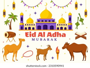 Happy Eid Al Adha Mubarak Vector Illustration of Muslims Celebration with Sacrificial Animals Goat and Cow in Flat Cartoon Hand Drawn Templates