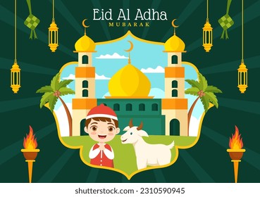 Happy Eid Al Adha Mubarak Vector Illustration of Kids Muslims Celebration with Sacrificial Animals Goat and Cow in Cartoon Hand Drawn Templates