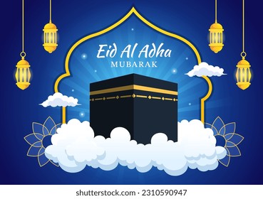 Happy Eid Al Adha Mubarak Vector Illustration of Muslims Celebration with Sacrificial Animals Goat and Cow in Flat Cartoon Hand Drawn Templates
