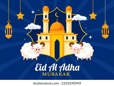 Happy Eid Al Adha Mubarak Vector Illustration of Muslims Celebration with Sacrificial Animals Goat and Cow in Flat Cartoon Hand Drawn Templates