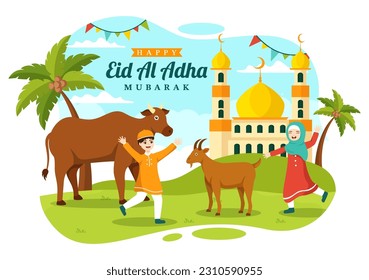 Happy Eid Al Adha Mubarak Vector Illustration of Kids Muslims Celebration with Sacrificial Animals Goat and Cow in Cartoon Hand Drawn Templates