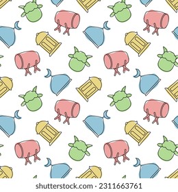 Feliz Día de Oid Al Adha Mubarak: Celebración del patrón sin foco de musulmanes con animales sacrificados a mano dibujada con ilustración de caricatura