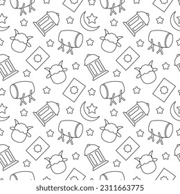 Happy Eid Al Adha Mubarak Seamless Pattern of Muslims Celebration with Sacrificial Animals in Template Hand Drawn Cartoon Flat Illustration