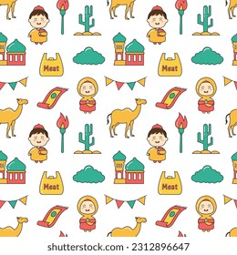 Feliz Día de Oid Al Adha Mubarak: Celebración del patrón sin foco de musulmanes con animales sacrificados a mano dibujada con ilustración de caricatura