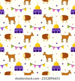 Happy Eid Al Adha Mubarak Seamless Pattern of Muslims Celebration with Sacrificial Animals in Template Hand Drawn Cartoon Flat Illustration